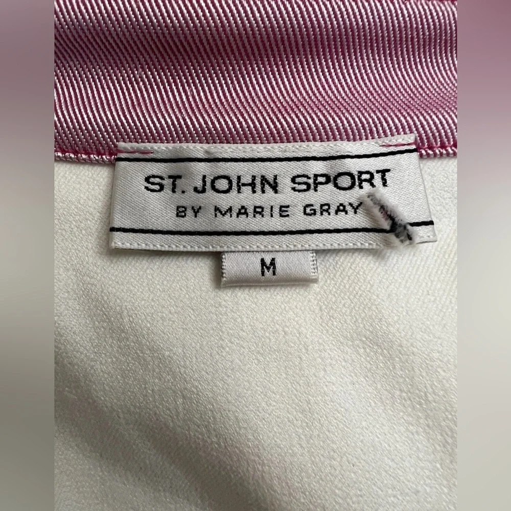 St. John Sport By Marie Gray White Jacket Coat Blazer Pink Trim Gold Buttons MED